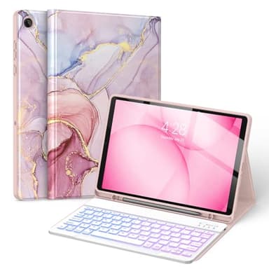 Soke Keyboard Case for Samsung Galaxy Tab A11 Plus/A11+ 11 inch 2025(SM-X230/X236/X238) - 7 Color Backlight Wireless Detachable Folio Keyboard Cover with S Pen Holder, Pink Marble