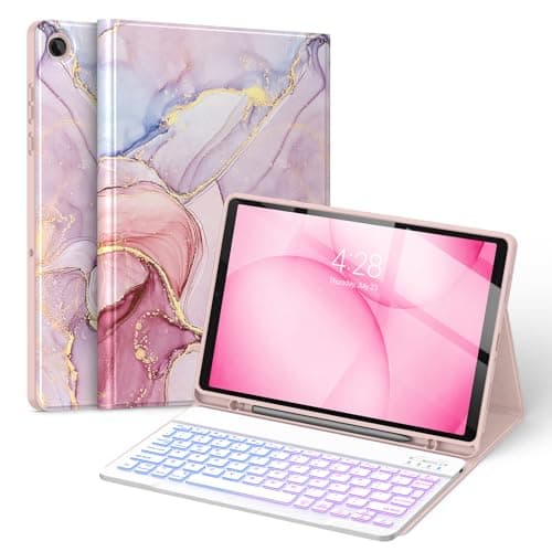 Soke Keyboard Case for Samsung Galaxy Tab A11 Plus/A11+ 11 inch 2025(SM-X230/X236/X238) - 7 Color Backlight Wireless Detachable Folio Keyboard Cover with S Pen Holder, Pink Marble