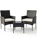 Sweetcrispy 3 Piece Patio Furniture Set, All-Weather Outdoor Conversation Set with Removable Cushions & Tempered Glass Table, Small Bistro Set for Balcony, Porch, Backyard, Deck, Black