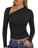 Purple Pocket Women Long Sleeve Asymmetric Neck Ruched Tops Black