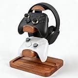 ManManLine Solid Wood Headphone Stand with Controller Holder, Space-Saving Dual Hanger & Gamepad Organizer for Desktop, Gaming Desk Accessories with Stable Base Storage