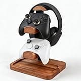 ManManLine Solid Wood Headphone Stand with Controller Holder, Space-Saving Dual Hanger & Gamepad Organizer for Desktop, Gaming Desk Accessories with Stable Base Storage