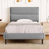 GRUSIGN Twin Size Platform Bed Frame with Velvet Headboard, Adjustable Height Wooden Slats Support, Upholstered Mattress Foundation, Fits Mattress or Mattress with Box Spring, Easy Assembly, Grey
