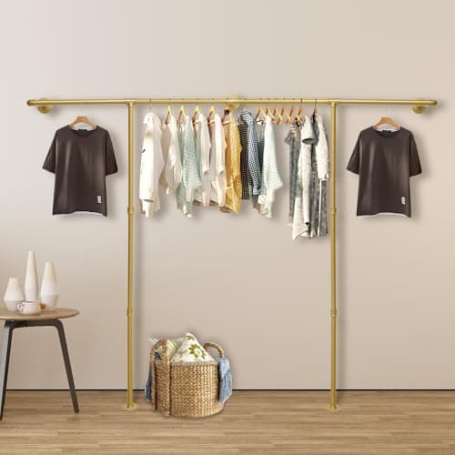 Deturprostore 80.7Inch Industrial Pipe Clothing Rack, Wall Mounted Garment Rack with 5 Fixed Bases, Heavy Duty Space-Saving Hanging Rod, for Clothes Display Storage & Closet Organization Gold