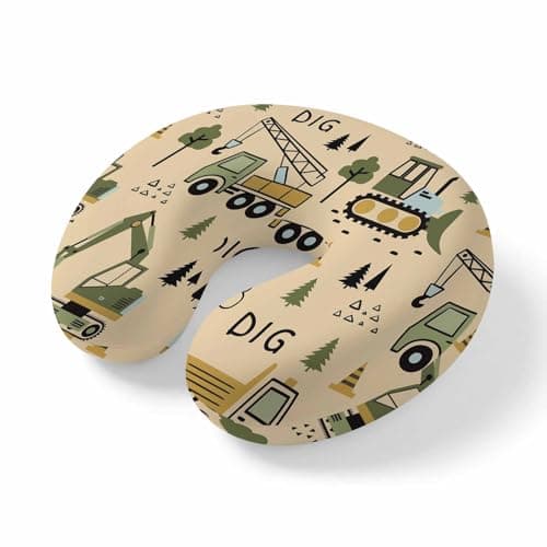Travel Pillows U-Shaped Neck Pillow Cartoon Tractor Brown Digger Shovel Ergonomic Memory Foam Pillow Head Cushion,Cute Truck Car Themed Soft Portable Neck Pillows for Office Airplane Car Train