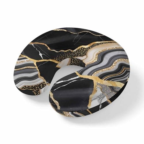 ZFUNCING Travel Pillows U-Shaped Neck Pillow Abstract Flowing Marble Fluid Art Ergonomic Memory Foam Pillow Head Cushion,Black and Gold Lines Soft Portable Neck Pillows for Office Airplane Car Train