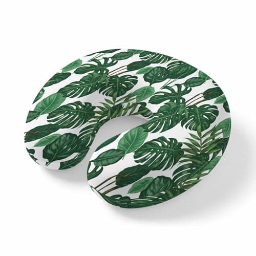 ZRNLTDGHK Neck Pillow Tropical Plants Turtle Backwood Travel Pillow Memory Foam U Shaped Pillows, Watercolor Green Leaves Travel Neck Pillows for Airplane Car Office Home Sleeping Rest