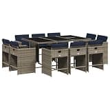 WDSAYREH 11 Piece Garden Dining Set with Cushions Grey Poly Rattan Patio Furniture Set with Folding Chairs and Tempered Glass Table