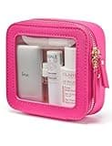 Popvibe Mini Makeup Bag Clear Small Travel Cosmetic Case Leather Cute Hot Pink Pouch for Purse Organizer Make Up Bag for Women Car Toiletry Bag with Zipper for School