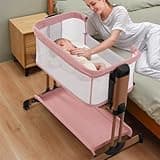 Soobaby 3 in 1 Baby Bassinet, Rocking Bassinets with Comfy Mattress and Wheels, Adjustable Height Bassinet Bedside Sleeper, Easy Folding Portable Crib for Newborn (Pink)