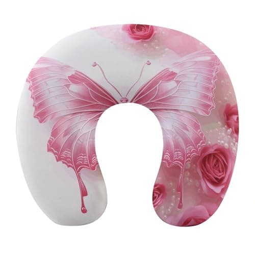 NHSGDUA Pink and White Butterfly U-Shaped Neck Pillow, Memory Foam Travel Neck Pillows Compact and Ergonomic Design,Airplane Pillow for Traveling Car Home Office
