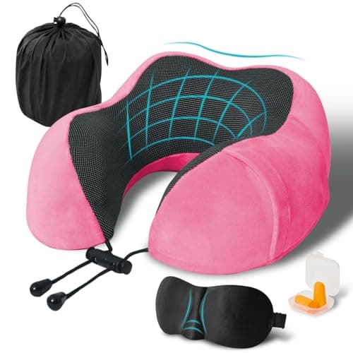 Elvodosia Travel Pillow, Memory Foam Neck Pillow for Traveling, U Shape Neck Pillow Airplane Portable Flight Pillow Travel Kit with 5D Contoured Eye Masks and Earplug for Plane Train Car Home Office