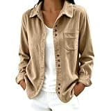 xiaoleilemon Womens Corduroy Shacket Blouses Solid Color Button Down Shirts with Pocket Fall Long Sleeves Tops Jacket Coats