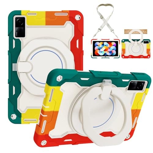 yixinA Heavy-Duty Protective Case for Xiaomi Redmi Pad 10.6inch, 360° Rotating Stand, Shoulder Strap, Pencil Holder & Handle Ring, Shockproof Cover for Kids & Adults(Red Green)