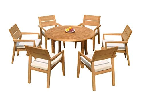 WholesaleTeakFurniture Grade-A Teak Wood 6 Seater 7 Pc Dining Set: 48" Round Table and 6 Vellore Stacking Arm Chairs #21VL1007