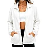 Women Fleece Full Zip Jacket Stand Collar Long Sleeve Soft Warm Top Fashion Casual Coat with Pockets Fall Winter White