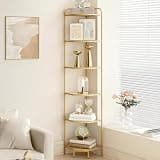 Hzuaneri Corner Shelf Stand, 6-Tier Glass Bookshelf Bookcase, Bathroom Organizer, Plant Stand, Steel Frame, Tempered Glass, Modern Style for Living Room, Bathroom, Kitchen, Golden CS90600G