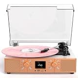 VICTRESS Vinyl Record Player with Built-in Speakers, 3-Speed Belt-Drive Turntable, Bluetooth Vinyl LP Player with FM Radio, USB/TF Recording & Playback, RCA Out, AUX, Headphone Jack, White Rose Gold