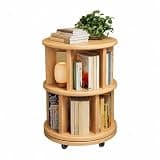 2 Tier Rotating Bookshelf, Solid Wood Book Shelf on Wheels, 360° Spinning Book Shelf, Revolving Bookcase for Small Spaces,Living Room,Bedroom