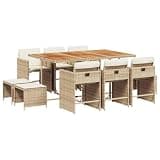 KGFHERENB 11 Piece Patio Dining Set Space Saving Outdoor Furniture Set Poly Rattan Wicker Cushioned Chairs Stools Solid Acacia Wood Table for Backyard Garden Beige