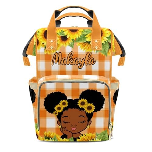 Zaaprint Custom Name Diaper Backpack Sunflower Girl Plaid Daypack Waterproof Nursing Baby Bag with Insulated Pocket for New Mom Dad