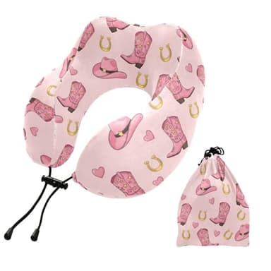 Western Cowboy Boots Pink Print Travel Neck Pillow for Sleeping Airplane Memory Foam Neck Support Pillow with Storage Bag Sleeper Hold Pillow for Office Home Car Train Bus Long Flight Adults Kids