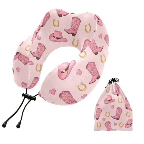 Western Cowboy Boots Pink Print Travel Neck Pillow for Sleeping Airplane Memory Foam Neck Support Pillow with Storage Bag Sleeper Hold Pillow for Office Home Car Train Bus Long Flight Adults Kids