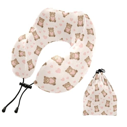 Cute Bears Hearts Pink Print Travel Neck Pillow for Sleeping Airplane Memory Foam Neck Support Pillow with Storage Bag Sleeper Hold Pillow for Adults Kids Home Office Long Flight Car Train Bus