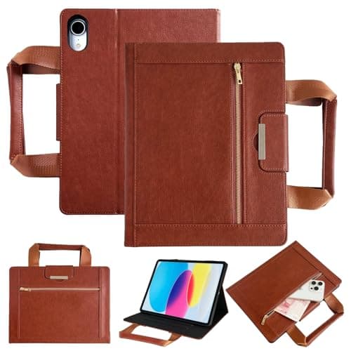 Allytechgroup Case for Apple iPad A16 11th Generation 11" 2025/ iPad 10th Gen 10.9" 2022,PU Leather Business Portfolio Tablet Cover with Handle, Zipper Pocket, Auto Wake/Sleep,Stand Function,Brown
