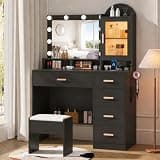 BZK Black Vanity Desk with LED Lights and Mirror, 35.4" Makeup Vanity Table with Charging Station. 5 Drawers, 6 Storage Shelves, Tempered Cabinet & Cushion Stool, Dressing Table for Modern Bedroom