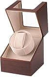 Automatic Single Watch Winder with Quiet Japanese Motor,AC Adapter or Battery Powered,Premium Leather Exterior and Soft Flexible Watch Pillows for Men's and Women's Watches (Wood texture-WW138R)