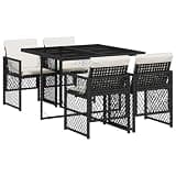 5-Piece Poly Rattan Garden Dining Set with Black Frame and Cream White Cushions, Rectangular Tempered Glass Table and 4 Folding Chairs for Patio Backyard