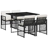 WRJENFSC 5-Piece Garden Dining Set, Outdoor Patio Furniture with Rectangular Tempered Glass Table and 4 Folding Rattan Chairs, Modern Dining Set for Backyard and Terrace, Black