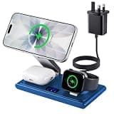 MONASAY 3 in 1 Wireless Charging Station with LCD Screen & 45W Charger | Foldable Magnetic Dock with 25W Fast Charge for iPhone 17/16/15, Apple Watch & AirPods | On/Off Display Button (Blue)