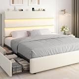 Jocoevol Queen Size Bed Frame with Headboard, Velvet Upholstered Platform Bed with 2 Storage Drawers, Wooden LED Bed Frame with Charging Station, No Box Spring Needed, Easy Assembly, Beige