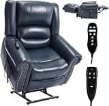 UOPYNE Dual Motor Power Lift Recliner Chair Lay Flat Electric Sofa, Leather Recliner with Infinite Position, Heated Massage, Remote Control Standing Assistance and USB Ports for Elderly, Blue