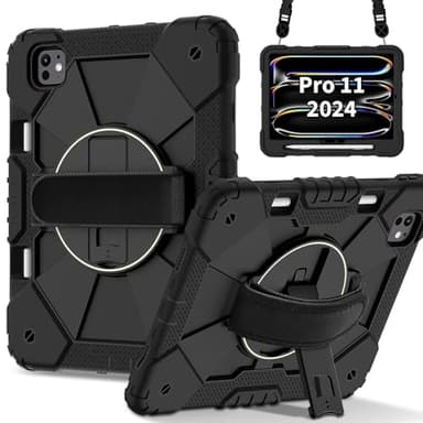 DXVTRKJM Case for iPad Pro 11-Inch M5/M4 2025/2024 (6th/5th Generation),360° Rotating Stand Hand/Shoulder Strap &Shockproof Silicone and Hard PC. (Black+Black)