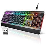 TECKNET Wireless Gaming Keyboard, 2-in-1 (2.4G Wireless & Wired) Computer Keyboard, 15-Zone RGB Backlight, 4000mAh Rechargeable Battery, 25 Anti-ghosting Keys, Metal Panel(Whisper Quiet Gaming Switch)