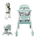 Foldable 4-in-1 Baby High Chair for Babies & Toddlers, High Chair with Detachable PU Cushion, Removable Tray, Adjustable Height, Locking Wheels,Mint Green
