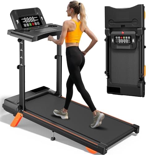 12% Incline Multifunctional Walking Pad with Height-Adjustable Handle Bar and Built-in Removable Desk, 8.0MPH/3.5HP Small Treadmill, 350LBS Weight Capacity Compact Treadmills (Black Yellow)