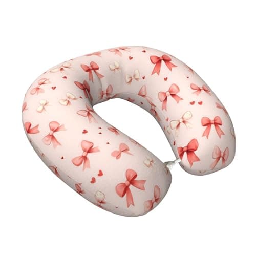 Nevjipu Memory Foam Travel Pillows for Airplanes - Bowtie Heart Pink Print Soft U Shaped Plane Neck Pillow for Sleeping for Traveling, Train, Napping, Car and Home, Washable