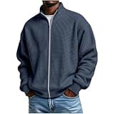 CMELTANM Men's Full Zip Waffle Jacket Stand Collar Long Sleeve Sweatshirt Cardigan Coat Navy