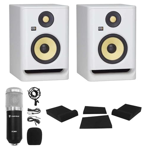 Audiosavings Bundle: (2) RP5 G4 5" Bi-Amped Studio Monitor DSP Speakers White Noise Edition Bundle with Rockville Condenser Microphone with Metal Shock Mount + Pair of Isolation Pads (4 Items)
