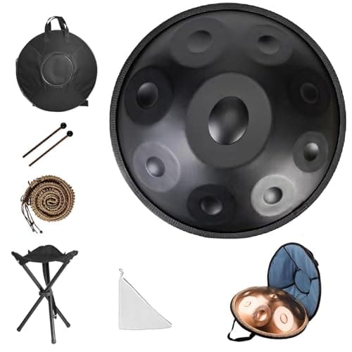 Handpan Drum, 22-Inch 440/432Hz D Minor Adult Steel Tongue Drum 9/10/12-Note Handpan Instrument with Soft Bag, Test Mallets, Hand Drum Stand, Wiping Cloth(Black,432hz 12 Notes)