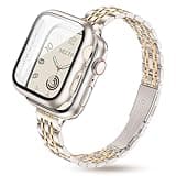 Melyis Slim Metal Band with Case Fits Apple Watch Bands for Women 44mm, Thin Stainless Steel iWatch Bands, Dressy Band for Apple Watch with Screen Protector Series 6 5 4SE, Starlight Gold