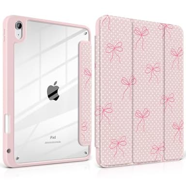 MEEgoodo for iPad A16 11th Generation Case 2025 11 inch, Tablet Cases for iPad 10th Generation 2022, Tablet Cover with Silk Texture & PC Clear Back Cover, White Polka Dots & Bows
