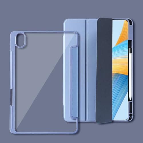 Tri-Fold Smart Tablet Case for Honor Pad V8,with Pencil Holder, Clear Transparent Back Shell Slim Stand Shockproof TPU Cover, Auto Wake/Sleep(Purple)
