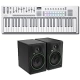 Novation Launchkey 49 MK4 White MIDI Keyboard Controller Bundle with Mackie CR8BT 8-Inch Bluetooth Studio Monitors — 16 Pads, 9 Faders, 140W 44Hz Pair for Music Production, Beat Making, Streaming