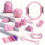 Pilates Equipment Kit for Home Workouts - 18pcs Set- 14'' Pilates Ring and Ball Set for Women, Pilates/Yoga Accessories Kit with Wrist Weights, Resistance Bands, Core Sliders, Yoga Strap (pink)