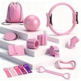 Pilates Equipment Kit for Home Workouts - 18pcs Set- 14'' Pilates Ring and Ball Set for Women, Pilates/Yoga Accessories Kit with Wrist Weights, Resistance Bands, Core Sliders, Yoga Strap (pink)
